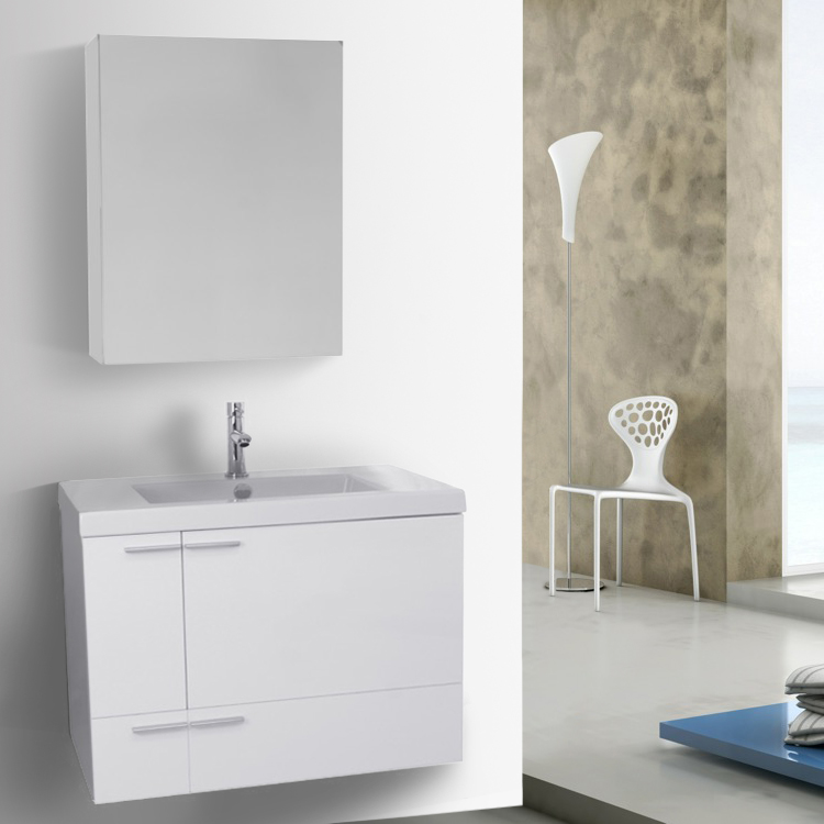 ACF ANS1222 Modern Wall Mounted Bath Vanity, 31 Inch, Glossy White, With Medicine Cabinet